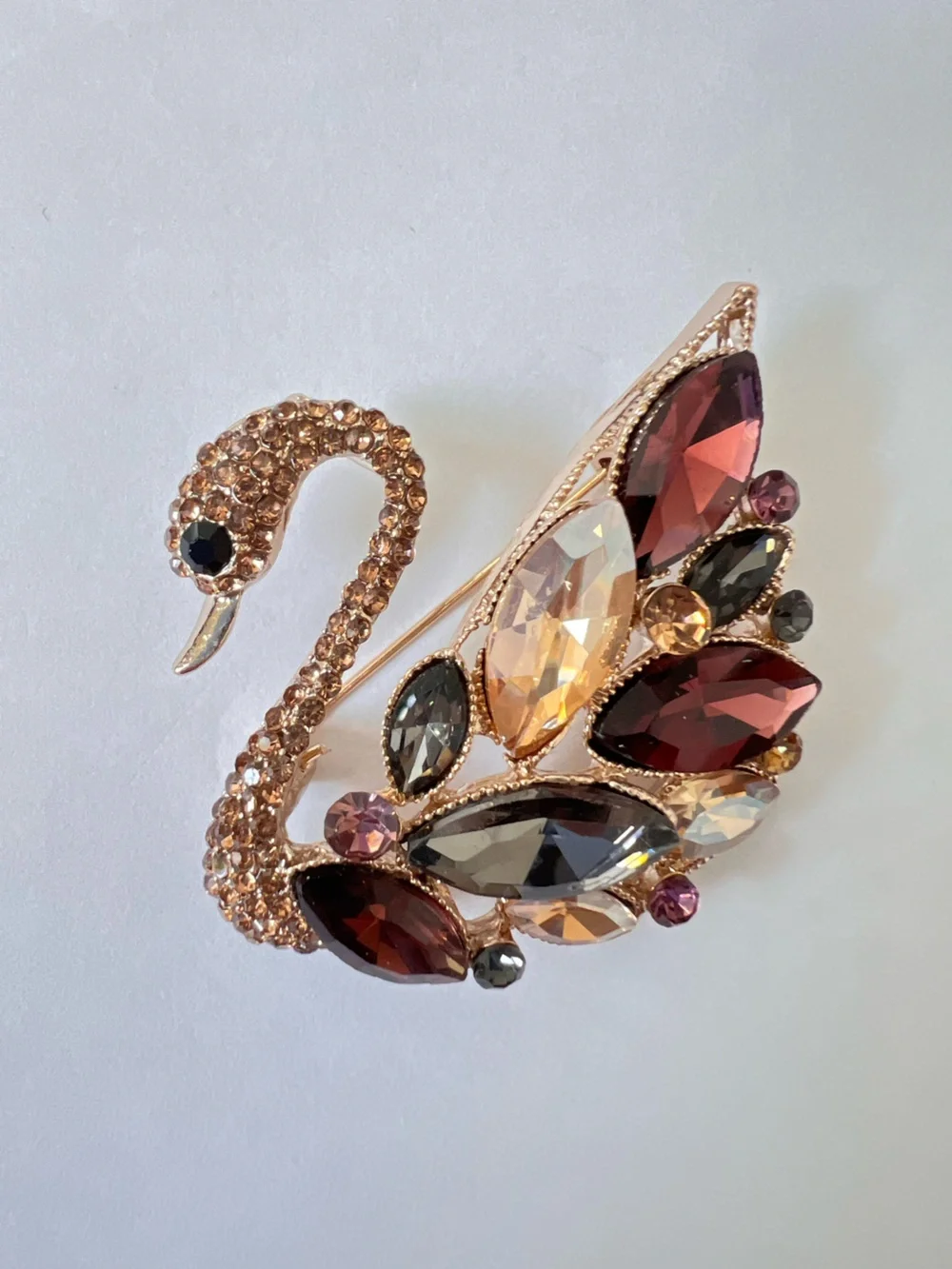 Swan Crystal Brooch Pin in Rose Gold with Multi-Colored Gems